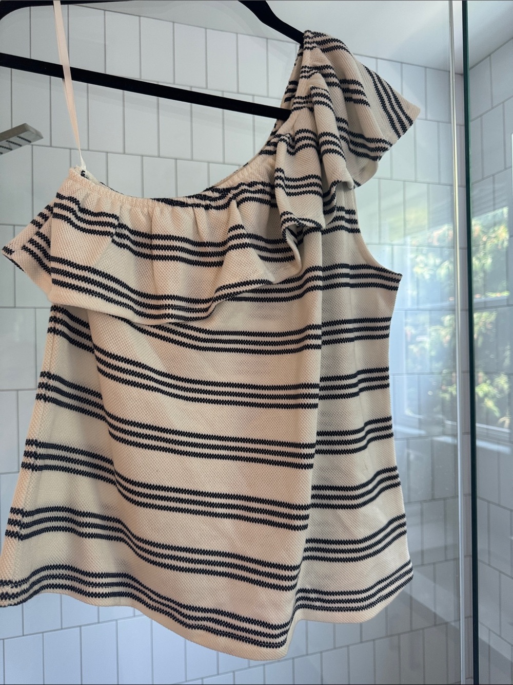 Anthro Eri+ Ali One-Shoulder Striped Ruffle Top in Cream and Navy